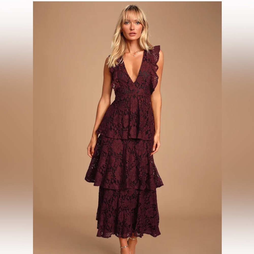 Molinetto Burgundy Lace Ruffled Tiered Sleeveless Maxi Dress Lulu’s